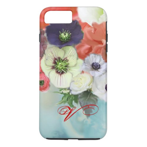 RED WHITE ROSES AND ANEMONE FLOWERS MONOGRAM iPhone 8 PLUS7 PLUS CASE