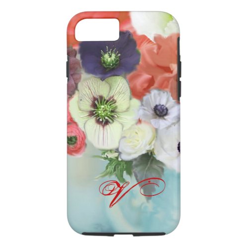 RED WHITE ROSES AND ANEMONE FLOWERS MONOGRAM iPhone 87 CASE