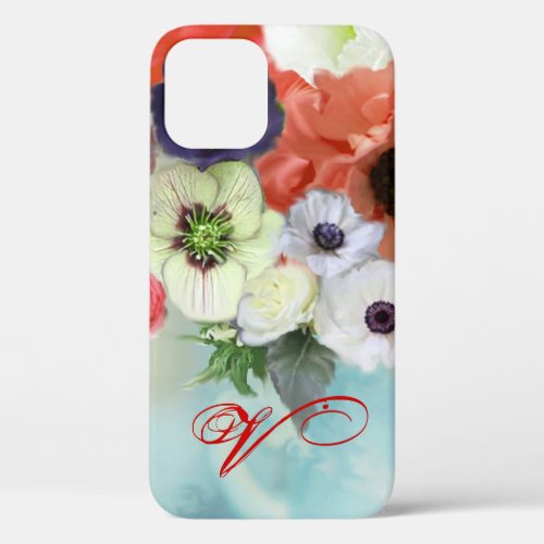 RED WHITE ROSES AND ANEMONE FLOWERS MONOGRAM iPhone 12 CASE