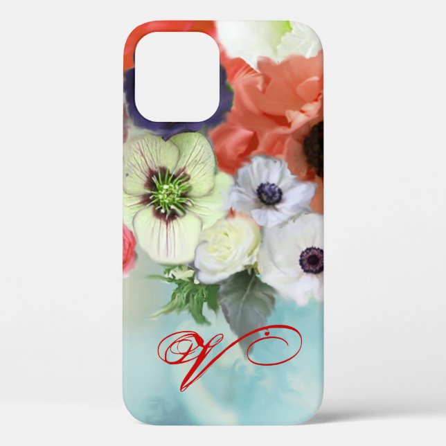 RED WHITE ROSES AND ANEMONE FLOWERS MONOGRAM Case-Mate iPhone CASE (Back)