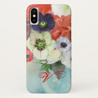 RED WHITE ROSES AND ANEMONE FLOWERS MONOGRAM