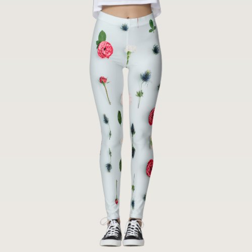 Red  White Roses and Blue Flowers Pattern Leggings