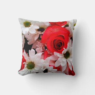 Red-White,Roses and Daisies Bouquet-Sq Pillow