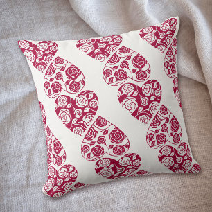 Red White Roses and Hearts Pattern Throw Pillow