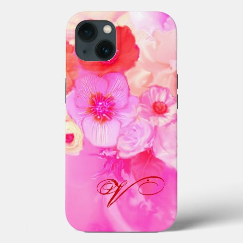 RED WHITE ROSES AND PINK ANEMONE FLOWERS MONOGRAM iPhone 13 CASE