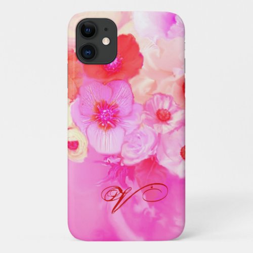 RED WHITE ROSES AND PINK ANEMONE FLOWERS MONOGRAM iPhone 11 CASE