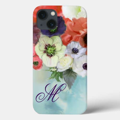 RED WHITE  ROSES BLUE ANEMONE FLOWERS MONOGRAM iPhone 13 CASE