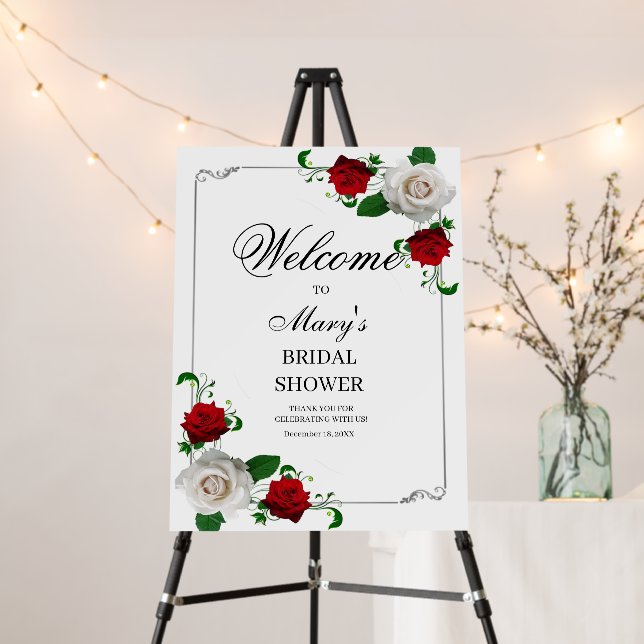 Red & White Roses Christmas Bridal Shower welcome  Foam Board (In Situ (Stand))