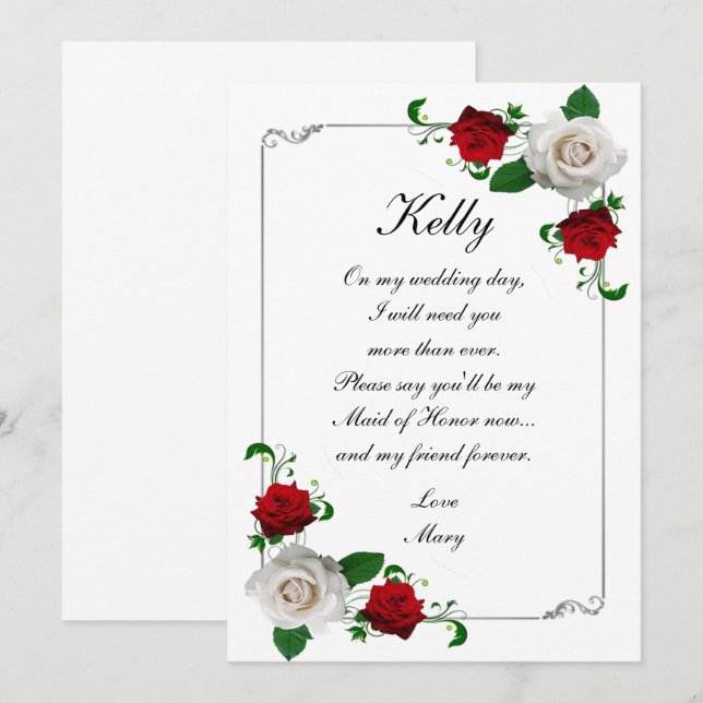 Red & White Roses Christmas Wedding  Maid Of Honor Invitation (Front/Back)
