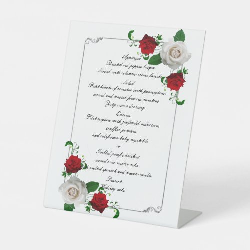 Red  White Roses Christmas Wedding Menu Pedestal Sign