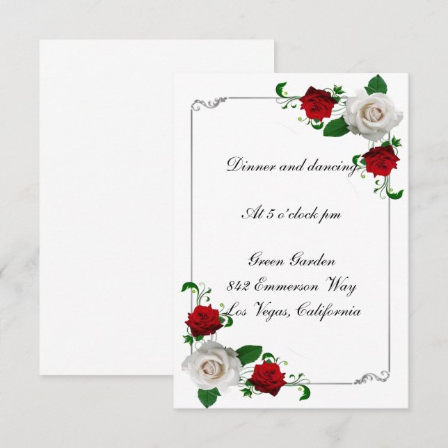 Red & White Roses Christmas Wedding Reception Card (Front/Back)