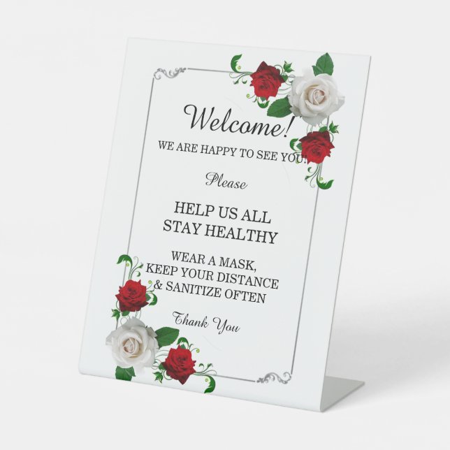 Red & White Roses Christmas Wedding Safety Measure Pedestal Sign (Front)