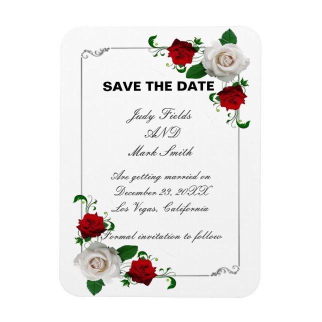 Red & White Roses Christmas Wedding Save The Date Magnet (Vertical)