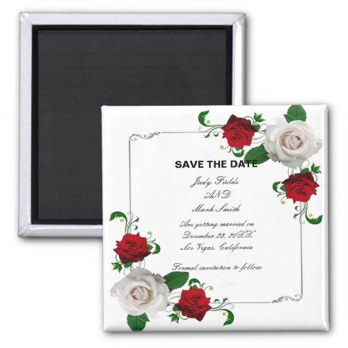 Red  White Roses Christmas Wedding Save The Date Magnet
