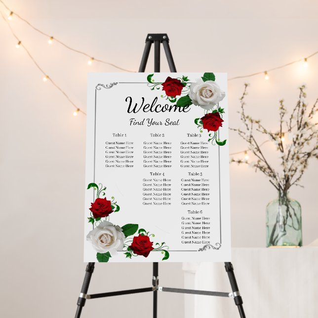 Red & White Roses Christmas Wedding Seating Chart Foam Board (In Situ (Stand))