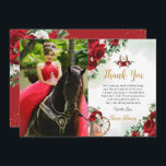 Red White Roses Floral Boots Charro Quinceañera Thank You Card<br><div class="desc">Personalize this elegant red and white floral Quinceañera / Sweet 16 birthday picture thank you card easily and quickly. Simply click the customize it further button to edit the texts, change fonts and fonts colors. Featuring beautiful bright red and white roses and floral adorned pair of boots. Matching items available...</div>