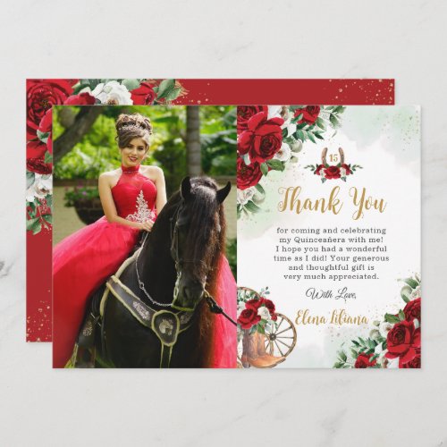 Red White Roses Floral Boots Charro Quinceaera Thank You Card