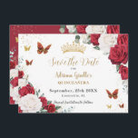 Red White Roses Floral Gold Quinceañera Sweet 16 Save The Date<br><div class="desc">Personalize this beautiful red and white floral Quinceañera / Sweet 16 birthday save the date easily and quickly. Simply click the customize it further button to edit the texts, change fonts and fonts colors. Featuring vibrant red and white roses, butterflies and chic gold elements. Matching items available in store. (c)...</div>