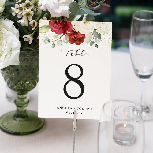Red White Roses Floral Wedding Table Number Card