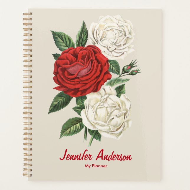 Red & White Roses Floral Your Name Daily Weekly Planner (Front)