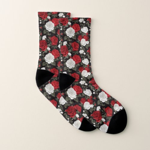 Red White roses flowers pattern Socks