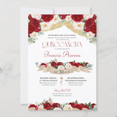 Red White Roses Peonies Elegant Quinceanera Invita Invitation