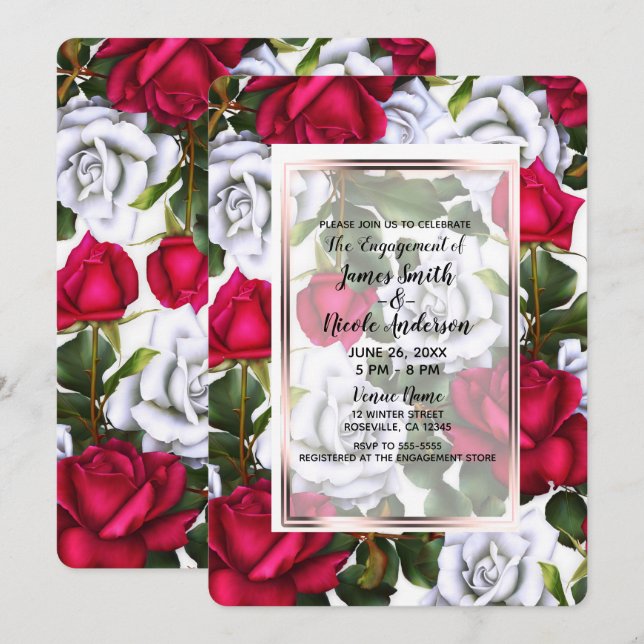 Red & White Roses Shabby Chic Glam Engagement Invitation (Front/Back)