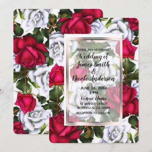 Red & White Roses Shabby Chic Glam Wedding Invitation