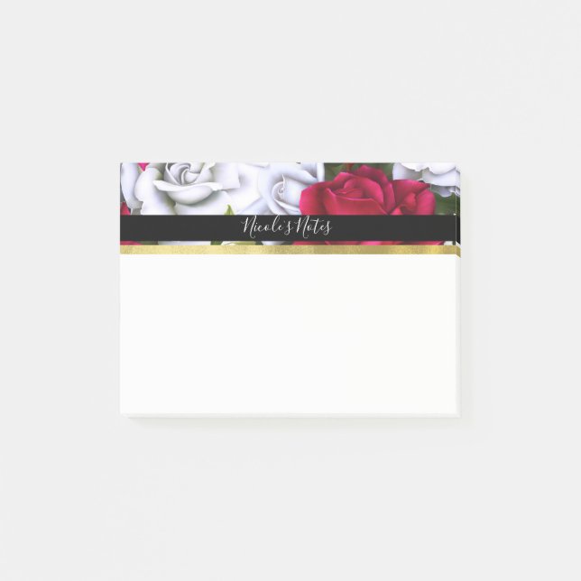 Red & White Roses Shabby Chic Modern Personalized Post-it Notes (Front)