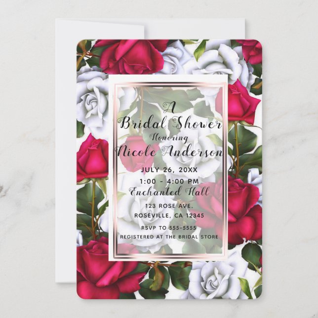 Red & White Roses Shabby Chic Rustic Bridal Shower Invitation (Front)