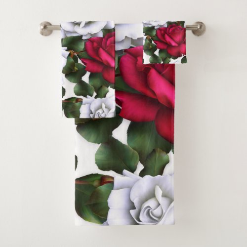 Red  White Roses Shabby Chic Rustic Modern Glam Bath Towel Set