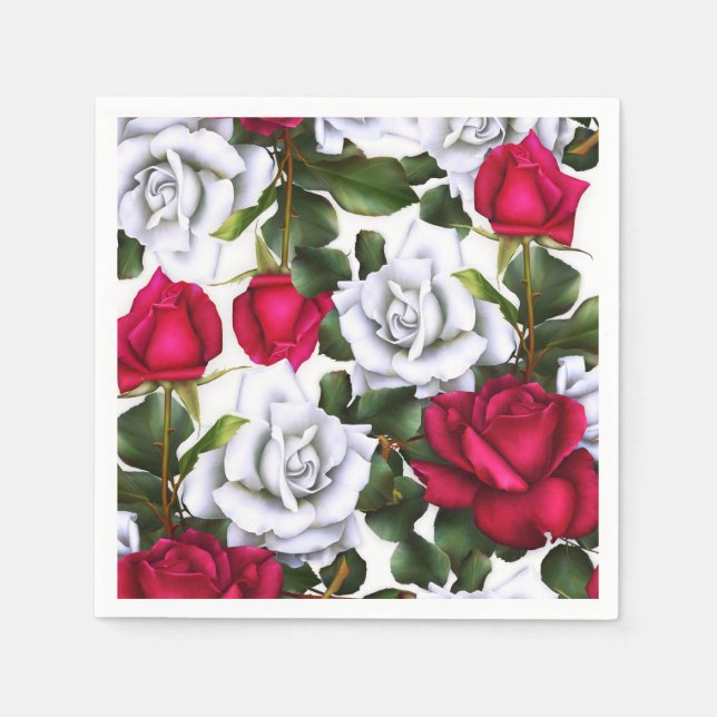 Red & White Roses Shabby Chic Rustic Modern Glam Paper Napkins (Front)