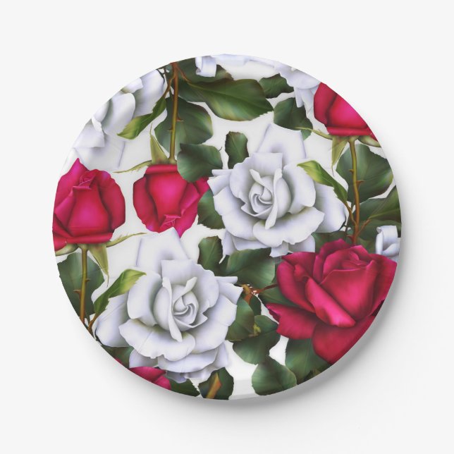 Red & White Roses Shabby Chic Rustic Modern Glam Paper Plates (Front)