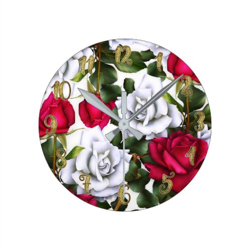 Red &amp; White Roses Shabby Chic Rustic Modern Glam Round Clock