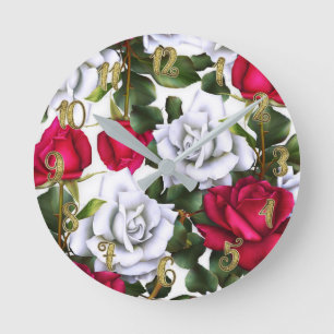 Red & White Roses Shabby Chic Rustic Modern Glam Round Clock