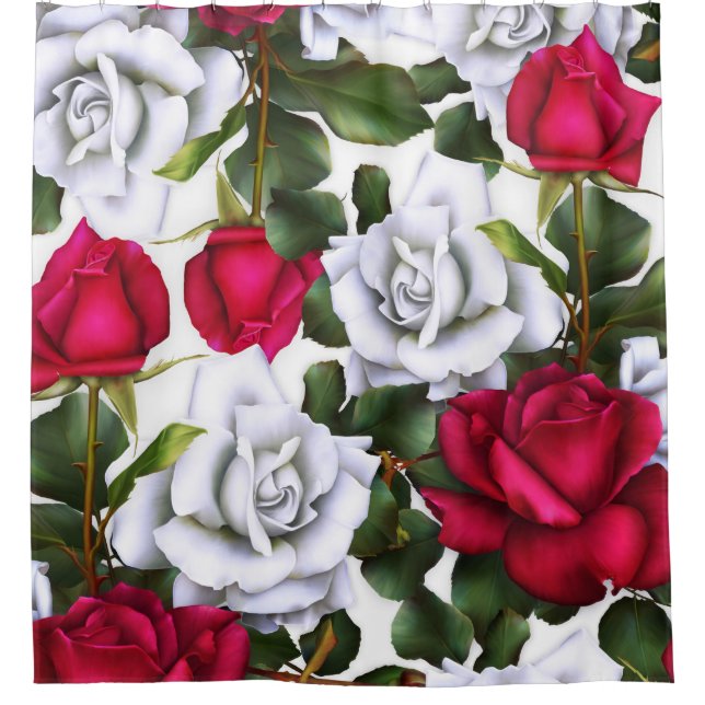 Red & White Roses Shabby Chic Rustic Modern Glam Shower Curtain (Front)
