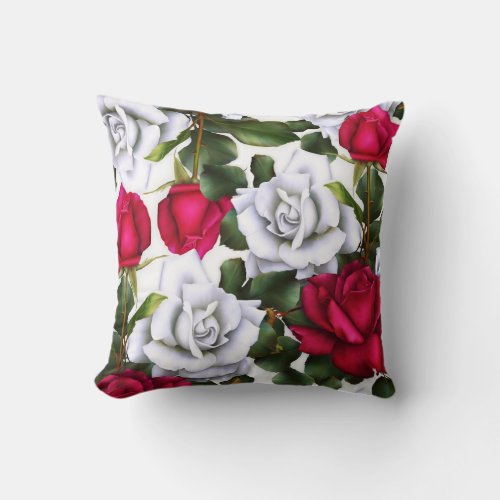Red  White Roses Shabby Chic Rustic Modern Glam Throw Pillow