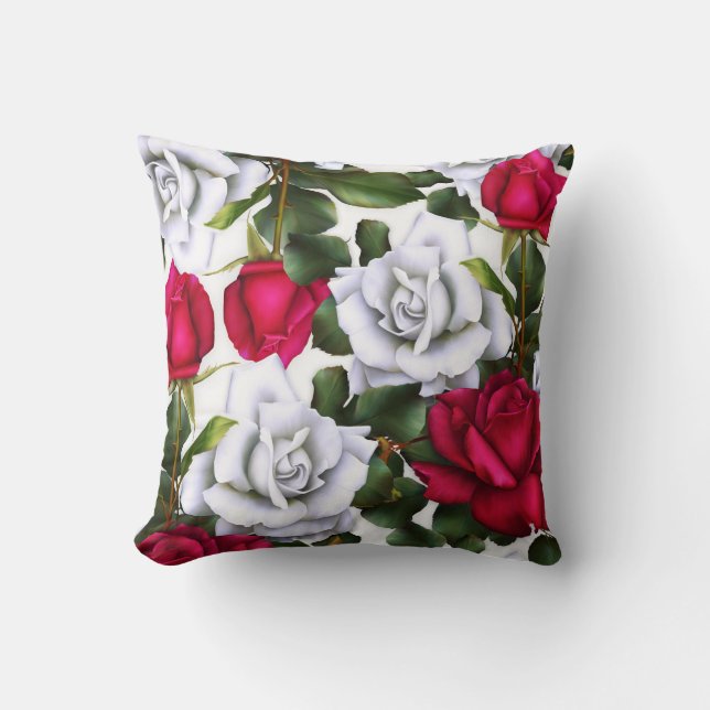 Red & White Roses Shabby Chic Rustic Modern Glam Throw Pillow (Front)