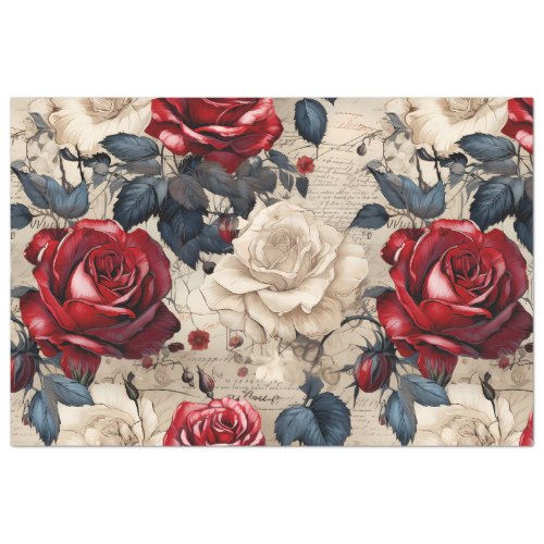 Red  White Roses Vintage Inspired Decoupage Tissue Paper