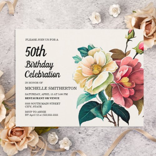 Red White Roses Womens 50th Birthday Invitation Postcard