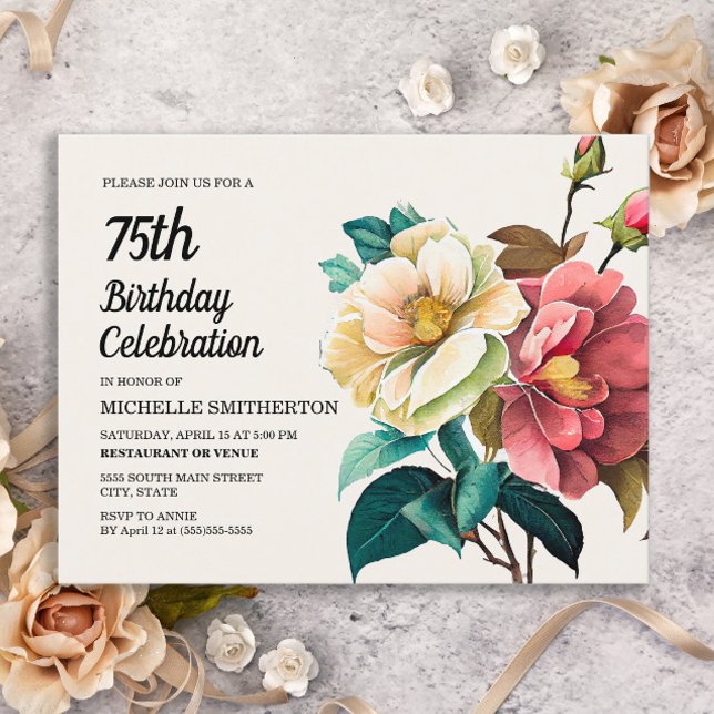 Red White Roses Women's 75th Birthday Invitation Postcard (Creator Uploaded)