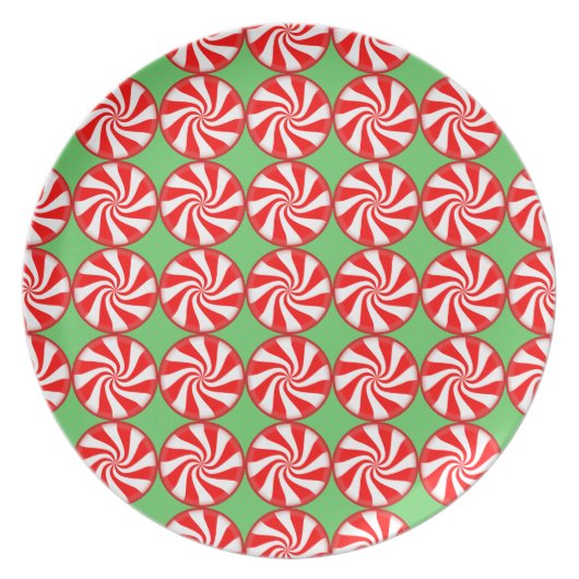 Red White Round Swirl Peppermint Candy Christmas Plate (Front)