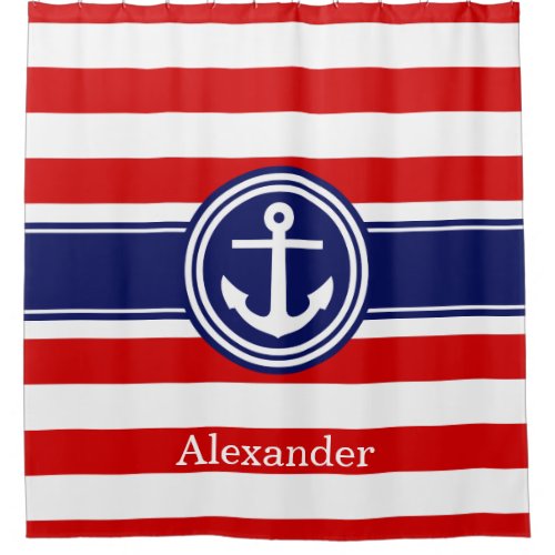 Red White Rugby Stripe Anchor Monogram Navy Blue Shower Curtain