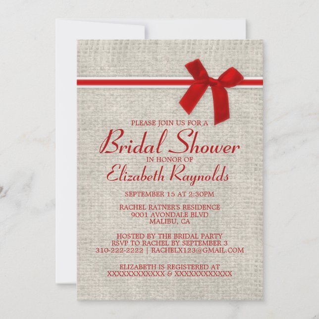Red White Rustic Burlap Bridal Shower Invitations (Front)