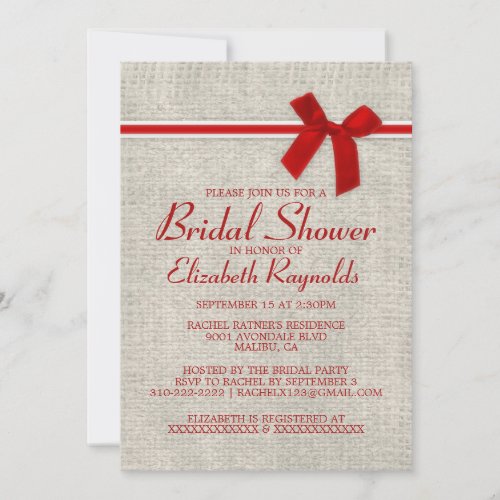 Red White Rustic Burlap Bridal Shower Invitations