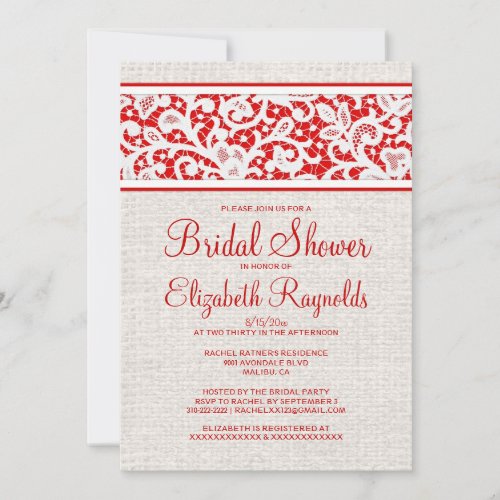 Red White Rustic Burlap Linen Bridal Shower Invite