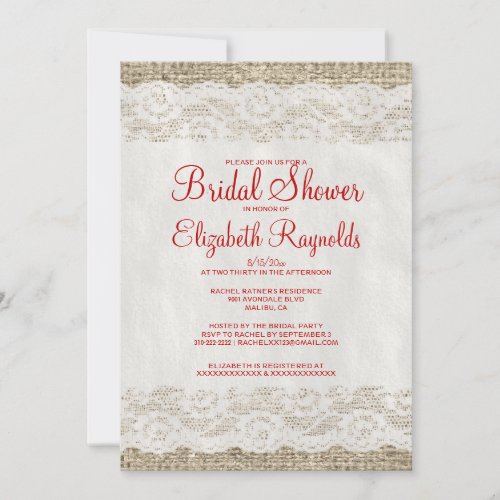 Red &amp; White Rustic Lace Bridal Shower Invitations