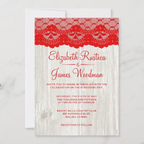 Red &amp; White Rustic Lace Wood Wedding Invitations