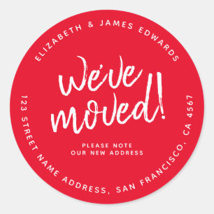 Red White Rustic Script We've Moved New Address Classic Round Sticker