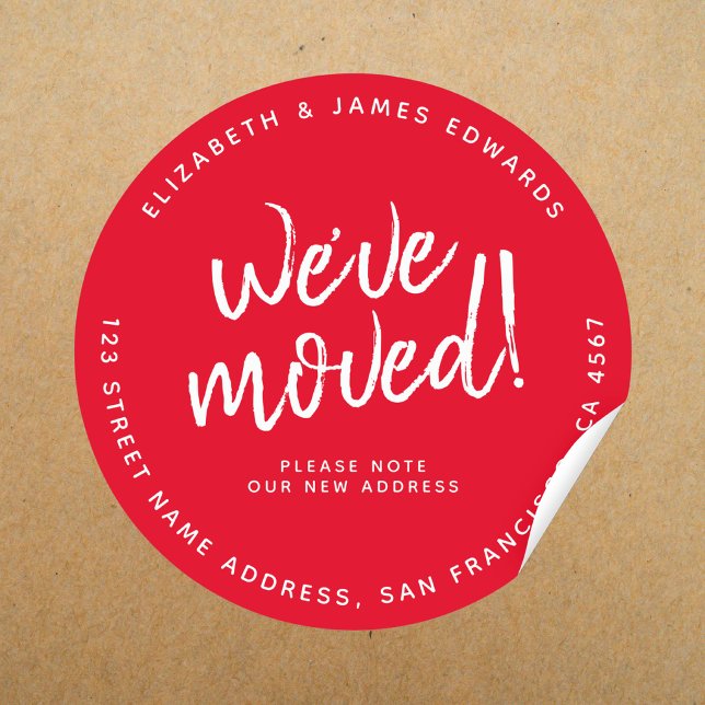 Red White Rustic Script We've Moved New Address Classic Round Sticker (We've moved round sticker)